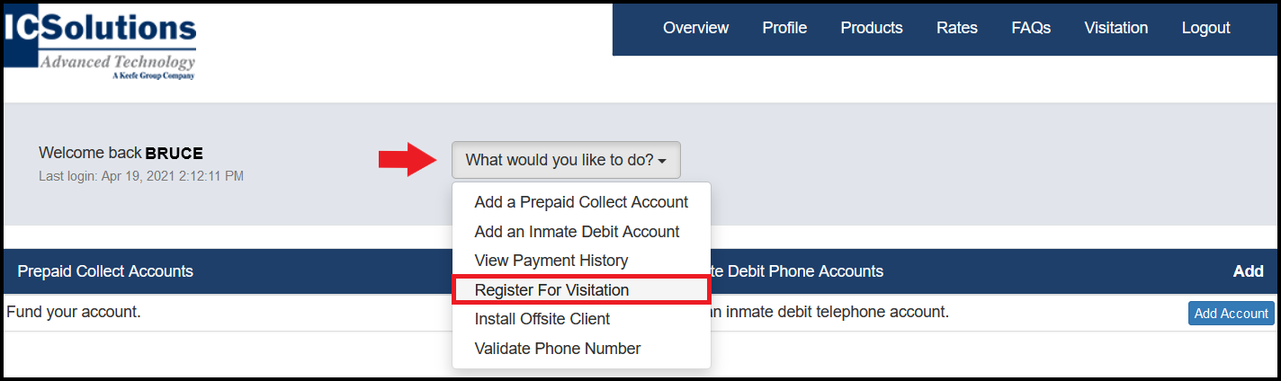 Select Register for Visitation